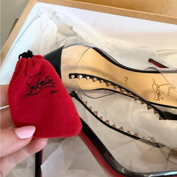 Christian Louboutin Black Pointed-Toe T-Strap Studded Heels - Picture 9 of 9